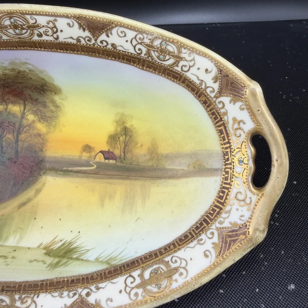 Nippon Hand Painted Celery Dish Oval Tray‎ Gold Moriage Landscape Lake Scene VTG